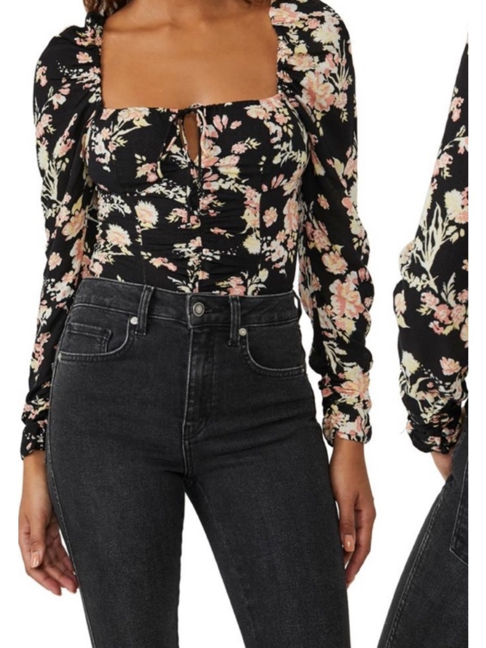 FREE PEOPLE HILLARY KEYHOLE LONG SLEEVE FLORAL PRINT TOP SMALL